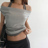 [Letovi] Shirring Off-Shoulder Halter Neck Layered Short-Sleeve T-Shirt - 3 Colors
