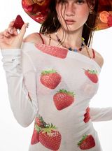 インストック 🍓ボートネックストロベリープリントミニボディコンドレスオアトップ