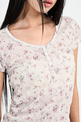 フラワーシアーボタンTシャツ
