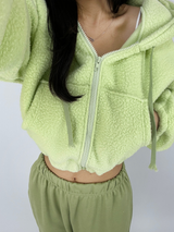 (LOWEST PRICE!/HOT DEAL♥) FLEECE SHERPA HOODIE ZIP-UP BANDING SEMI-CROPPED HOODIE - 3 COLOR