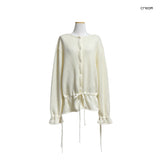 (3color) Ribbon Flare Shirring Loose-Fit Knit Cardigan