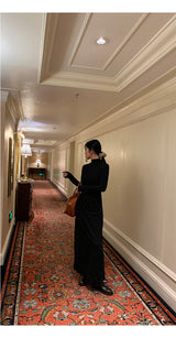 Half Turtleneck Black Flared Long Dress