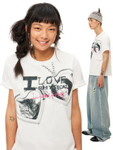 ニットキトゥンネックレスプリントショートスリーブTシャツ