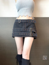 1206. 3 Belt hip denim mini sk (2color)