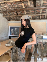 ブラックラウンドレオパードスパンデックスショートスリーブTシャツ