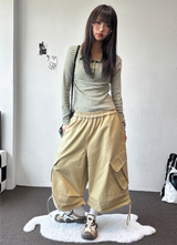 Genie Eyelet Stud Rope Balloon Cargo Bermuda Shorts 3color