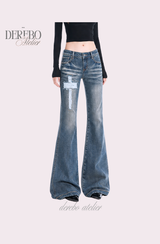 Cross-washed long semi-bootcut denim