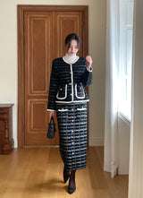[Two-piece set] Rosy color matching knit cardigan banding skirt set