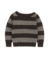 DAMAGED OFF SHOULDER STRIPE KNIT_BROWN