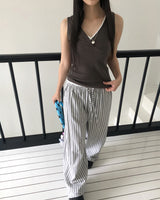 Satin Linen Stripe Wide Banding Long Pants