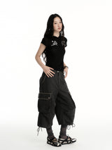CONFUN Embroidered Silver Thread Patterned Split Design Semi-transparent Linen Fabric Tight-Fitting Hooded Short-Sleeved T-Shirt