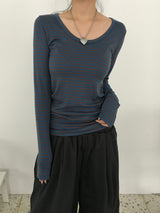 Wish Stripe U-Neck Long-Sleeve T-Shirt (6c)