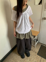 ミミュールVネックドットレイヤードオフショルダーTシャツ