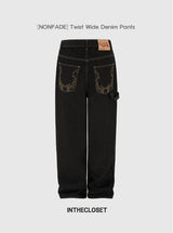 [Non-fade] Twist embroidered wide denim pants
