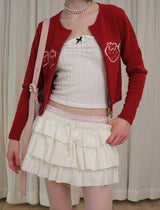 rirri 100% Merino Wool Jacquard Cropped Zipper Cardigan in Brightening Scarlet