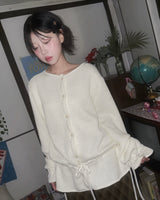 (3color) Ribbon Flare Shirring Loose-Fit Knit Cardigan