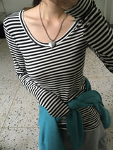 Wish Stripe U-Neck Long-Sleeve T-Shirt (6c)