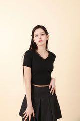 レースVネッククロップTシャツ White