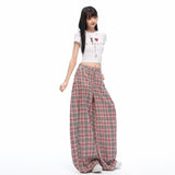 ピンクチェック ワイドレッグストレートパンツ