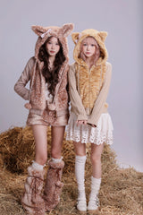 Rose Island warm orange tabby fur patchwork knitted slim-fit hooded jacket, cute and unique original design