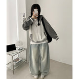 Neck Color Matching Raglan Line Knit Hood Zip-Up
