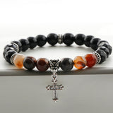 SVB-1003 Natural Stone Striped Agate Cross Onyx Bead Men's Bracelet