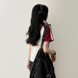 Raffin embroidered 2本ラインカラーラグラン半袖Tシャツ