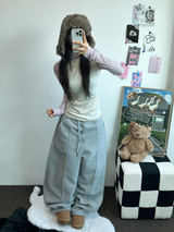 フリース 🤍🐏ラインポイントバルーンロングパンツ 🤍🩶🖤3カラー