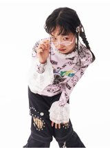 sillysis 可愛いイラストの小熊、ピンクの花柄プリント、宮廷風のギャザーレース付きTシャツ、インナー用トップス レディース