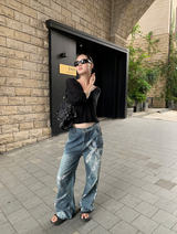 diamond bow wide denim pants