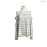(2color) Frill Slub Stripe Cut-Out Shoulder Long Sleeve Tee