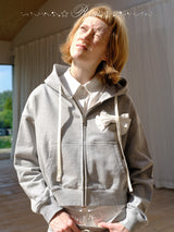 rirri Charcoal Heavyweight 100% Cotton Bow-Detailed Hoodie Set (Zippered Hooded Sweatshirt + Pleated Skirt)