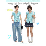 BETWEENAND “Mint Early Summer” Vintage Bud Polka-Dotted Cute Waist-Cut Shirt for Women – Unique Summer Top