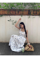 Blue Flower Cotton Sleeveless Long Dress