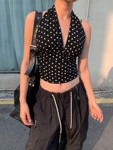 dot halter sleeveless V-neck top