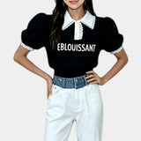 カラー レタリング プリント パフスリーブ スリムフィット Tシャツ