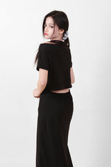 Off-Shoulder Slit Long Onepiece Black