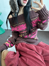 オフショルダー & リップラウンドネックツーウェイノルディックニット🩷🤎🖤2カラー