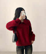 Isom leg run loose fit big collar button knit