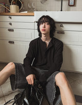 Pale henley neck ribbed long sleeve t-shirt
