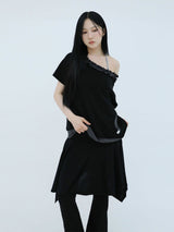 ストライプ フリル オフショルダー(BLACK)