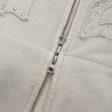 VINTAGE WASHING STUD POINT CROP HOODIE ZIP UP - OAT MEAL