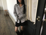 may sleeve button v-neck knit