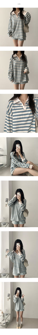 Color matching open collar stripe loose fit rugby long sleeve tee 