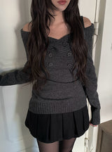 Knots Double Button Off-Shoulder Slim Knit