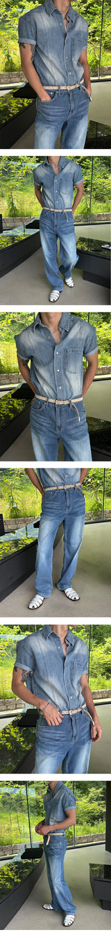 [MUSCLE FIT] スリットスナップボタンデニムシャツ (3color)
