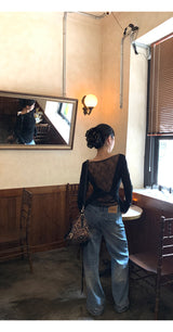 ブラックバッグシースルーパッドボウロングスリーブTシャツ