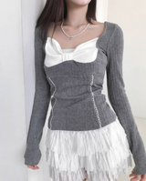 sheer white line heart-neck top