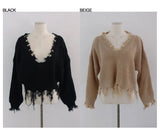 FRINGE V-NECK KNIT TOP (BEIGE)