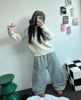 ストリング/フリース❤サイドピンタックバルーンロングパンツワイド🤍🩶🖤3カラー